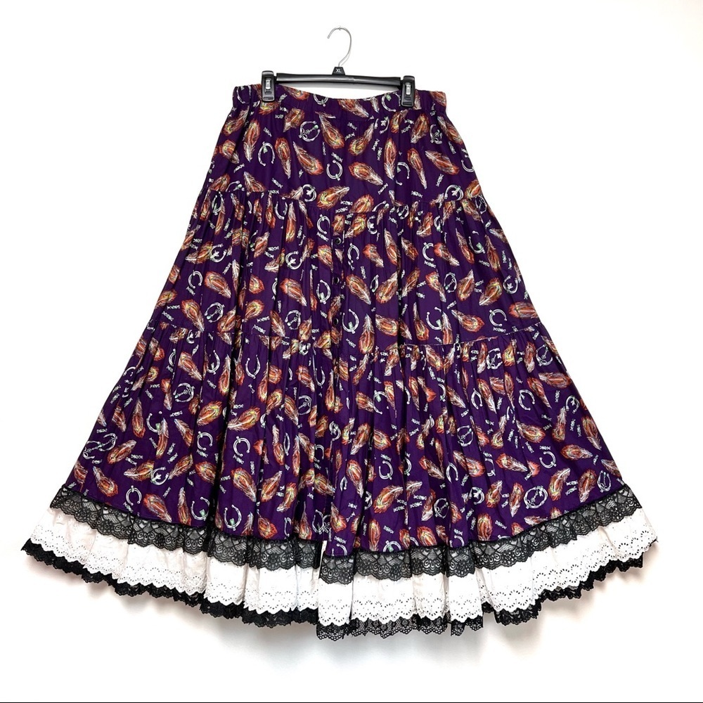 Vintage Handmade Boho Feather Jewel Horseshoe Full Circle Maxi Skirt